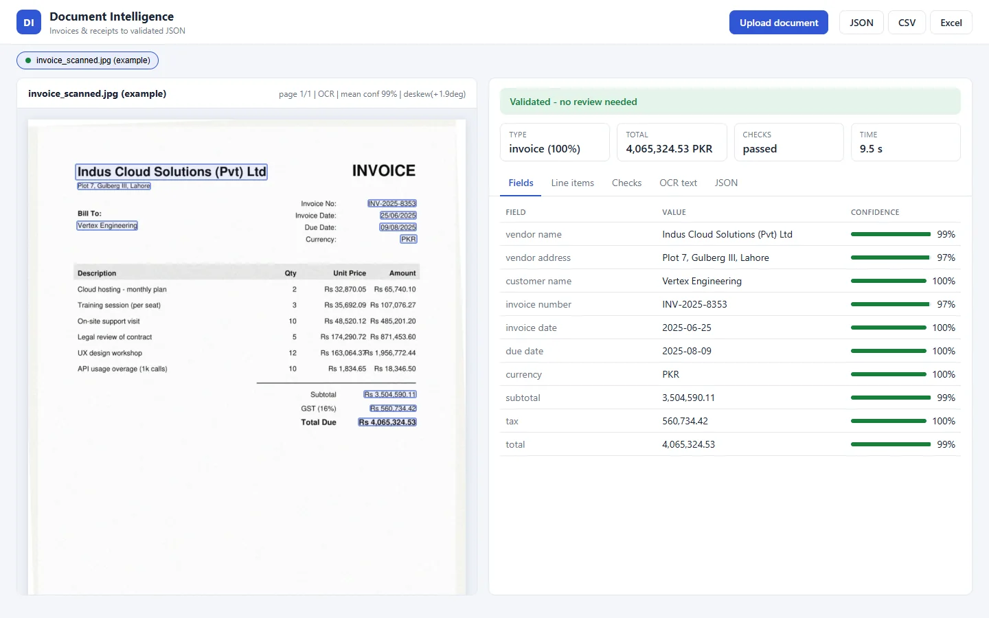 Review UI: scanned invoice with OCR boxes beside validated fields and confidence
