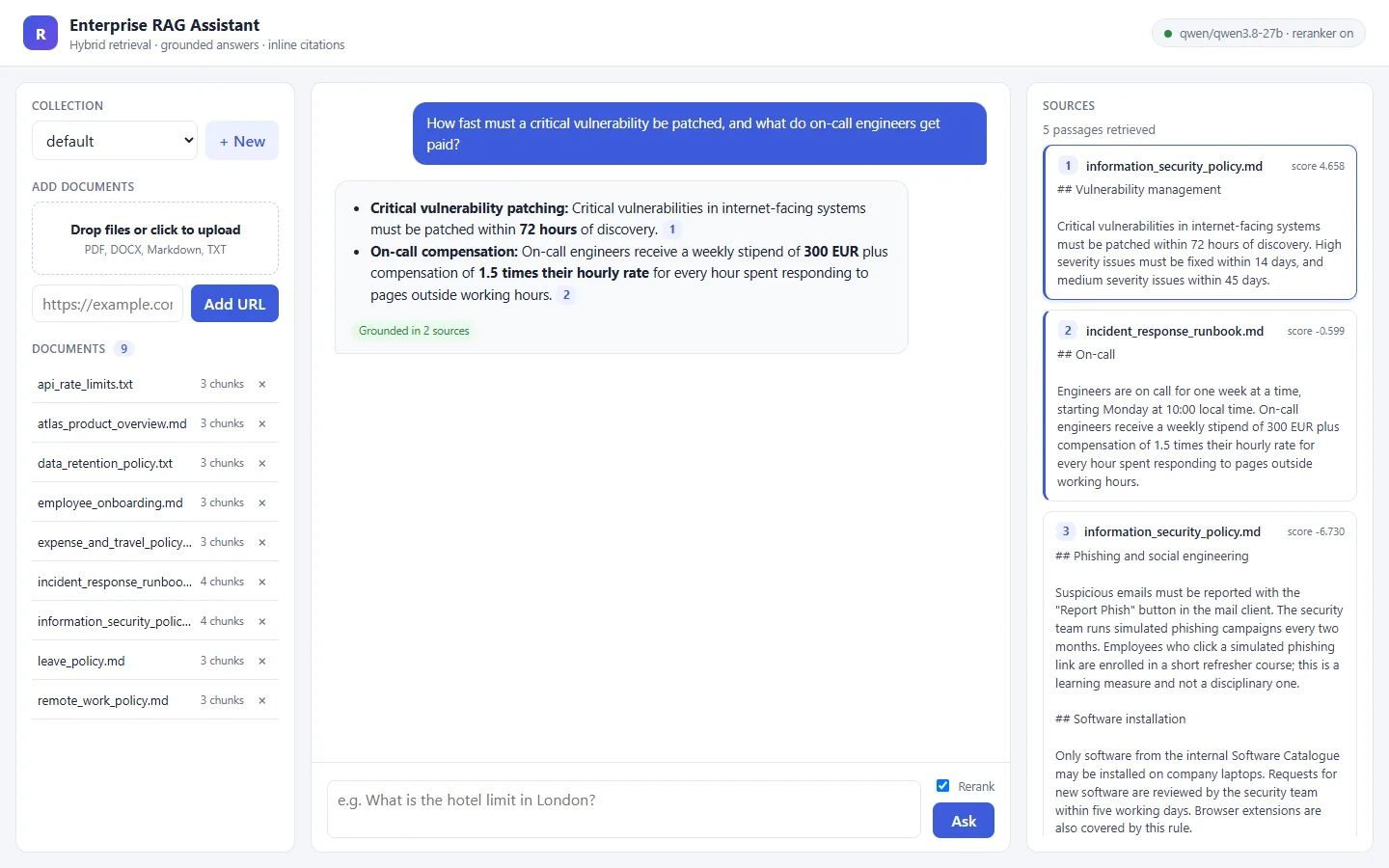 Web UI: streamed answer with inline citations and retrieved source passages