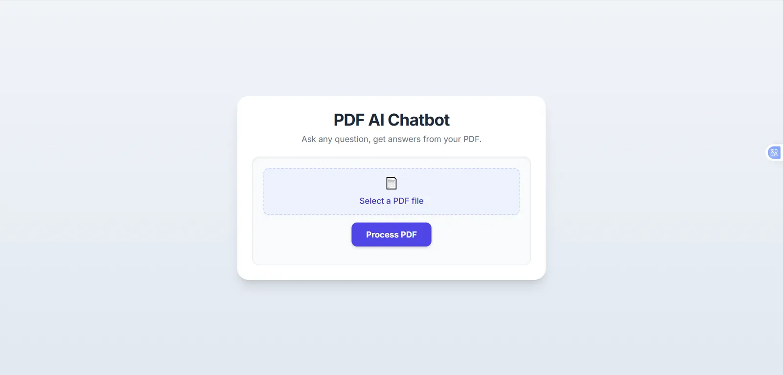 Main dashboard interface for uploading PDF documents to create a searchable knowledge base