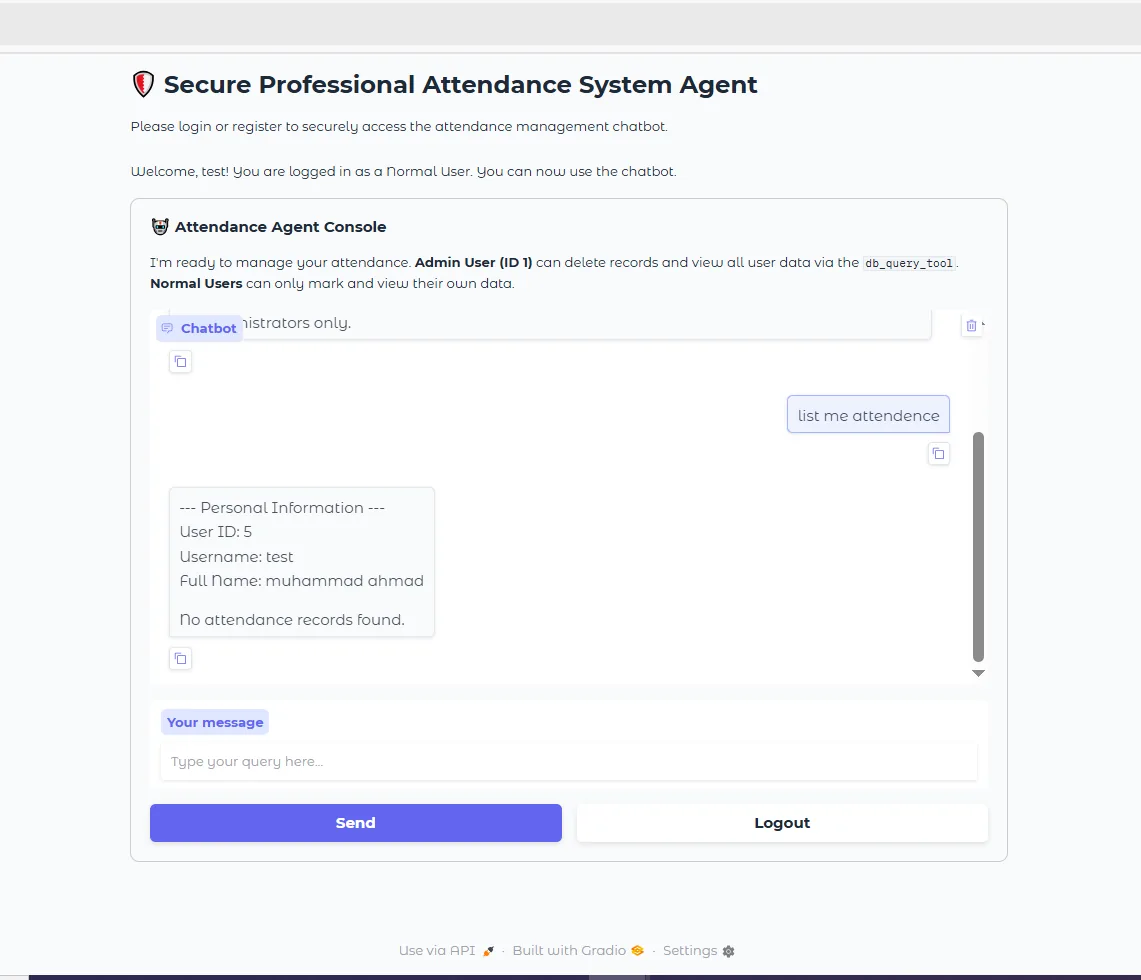 Chatbot response showing new user creation and attendance list request with natural language processing