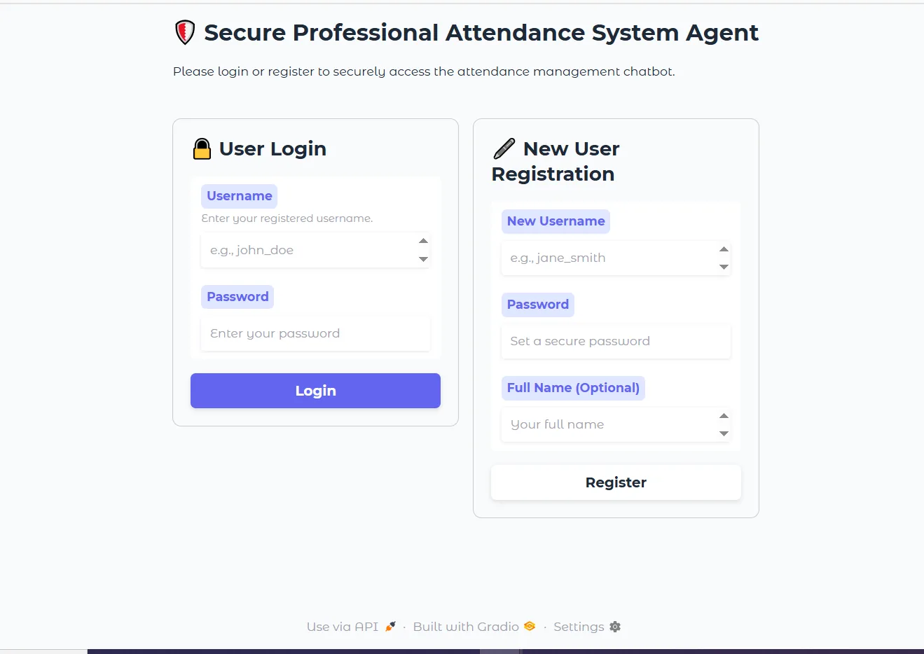 Login and registration interface with user authentication forms