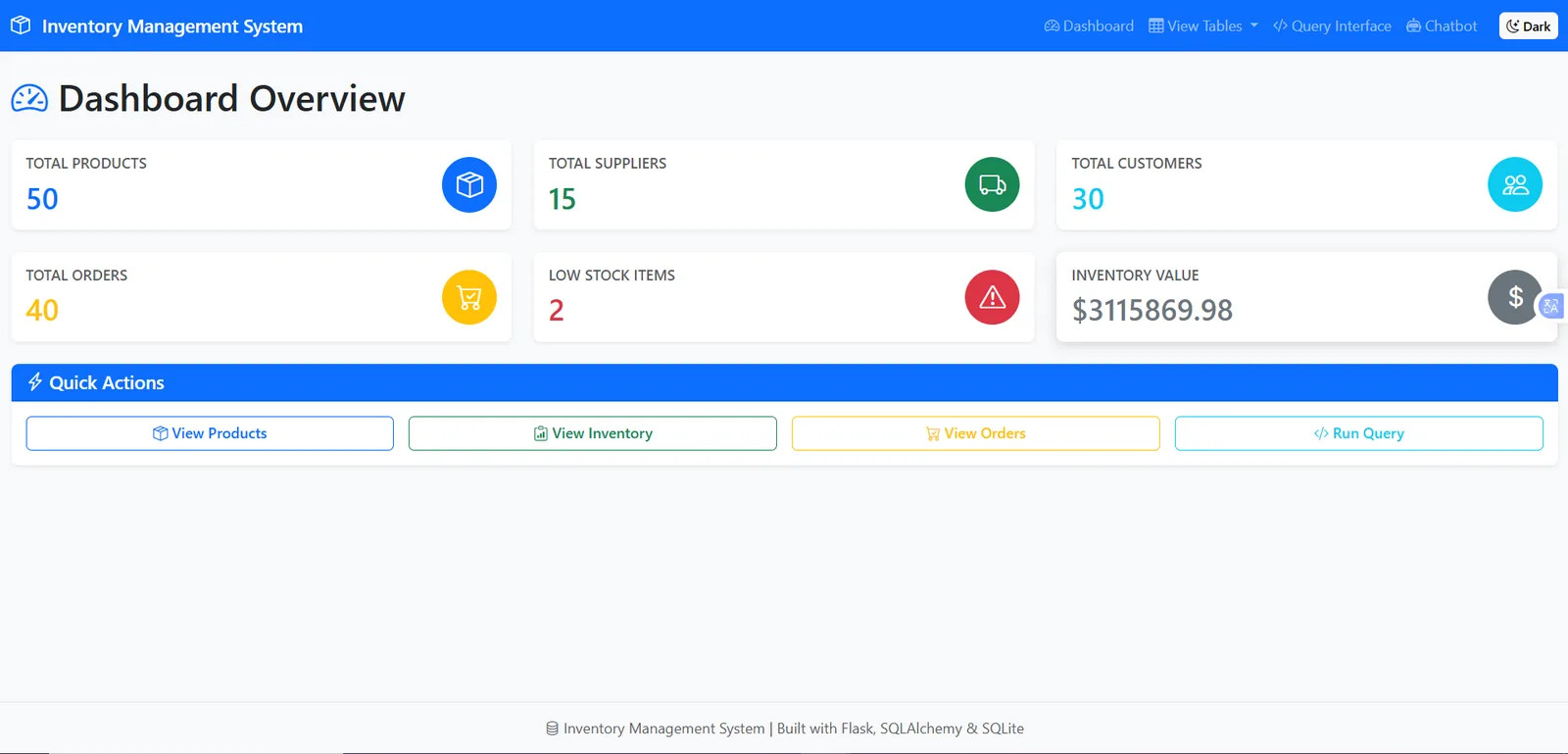 Main dashboard interface for database management and system overview