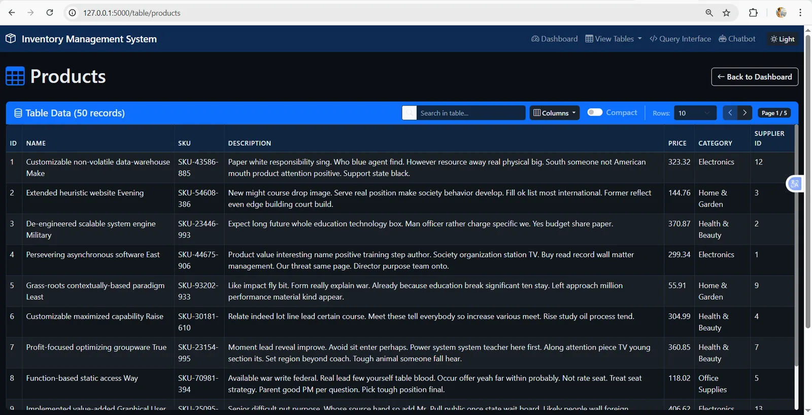 Product table view displaying database records in a user-friendly frontend interface with filtering and visualization