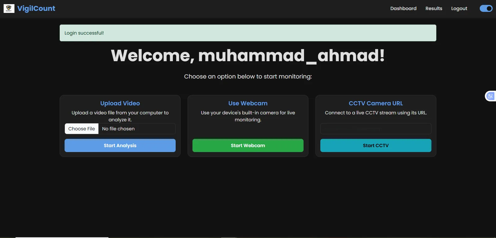 Main dashboard with three input options: video upload, webcam, and CCTV stream integration