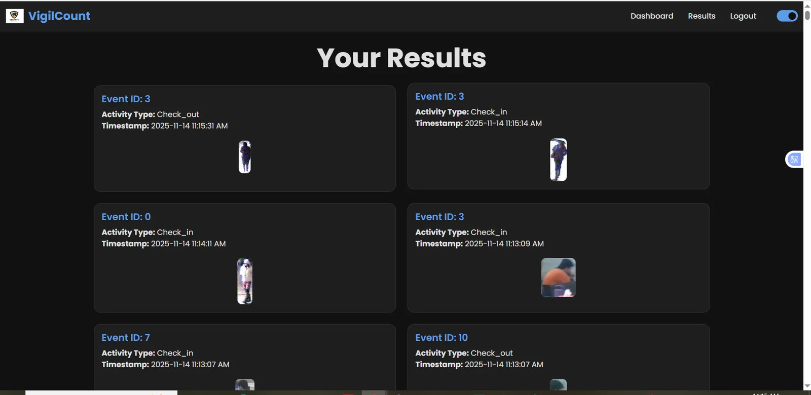 Activity log dashboard displaying enter/exit events with timestamps, person images, and event details