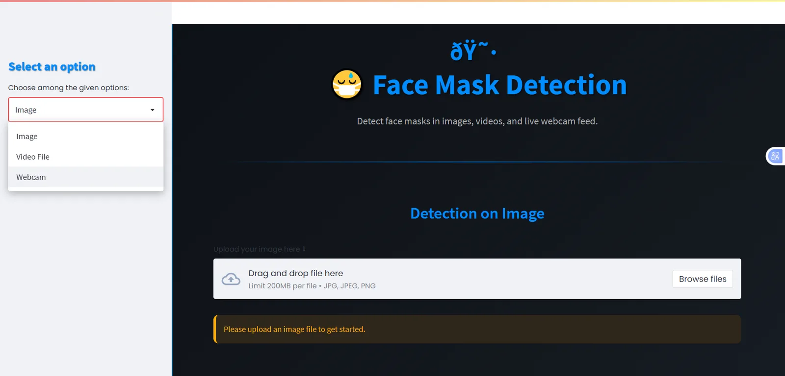 Streamlit web dashboard with three input options: image upload, video file upload, and live webcam processing