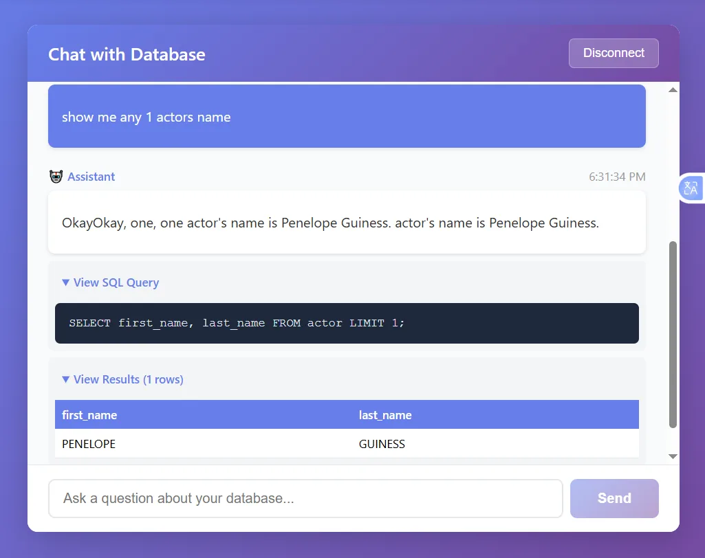 Chatbot response with SQL tool usage showing generated SQL query, execution results, and natural language explanation