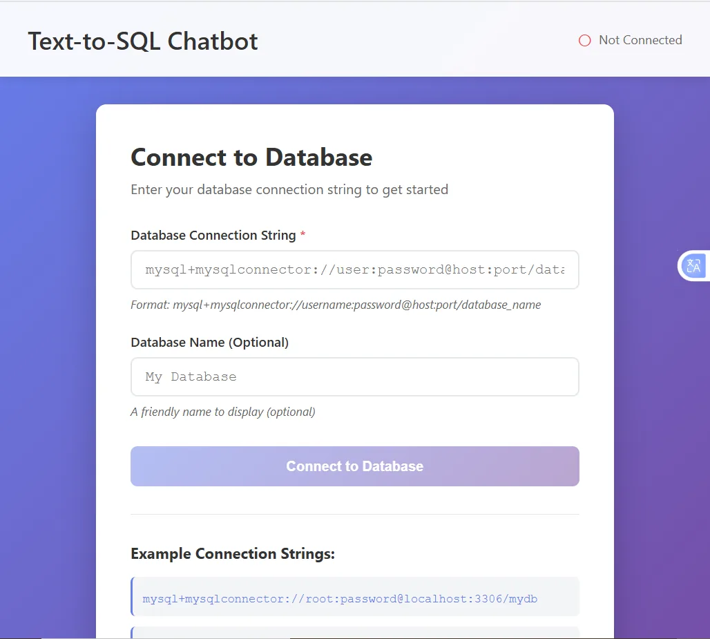 Database connection form interface for entering MySQL connection string and database name